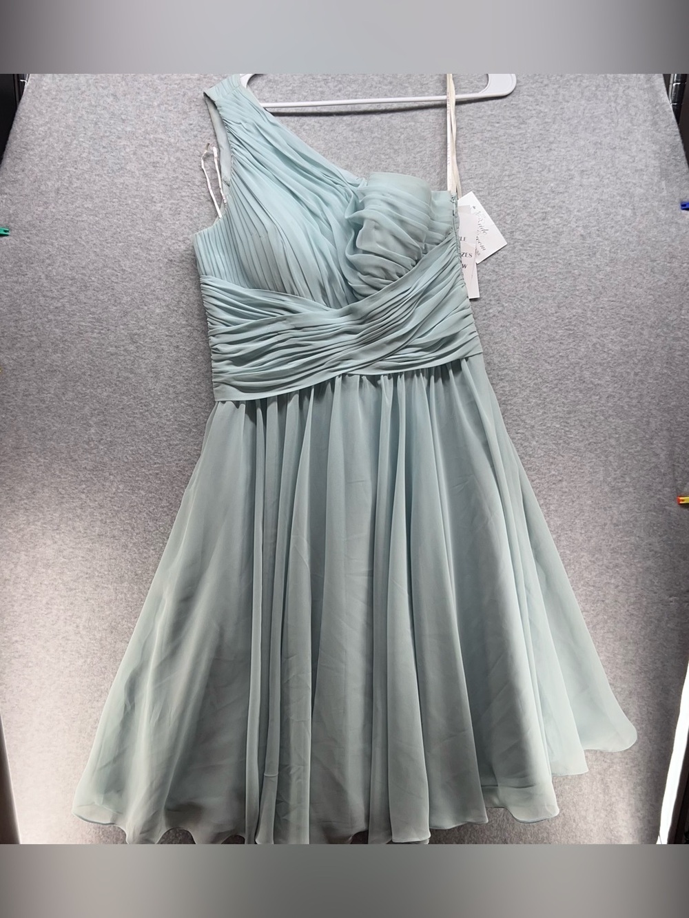 Bari Jay One-Shoulder Pleated Chiffon Dress in Sage Green